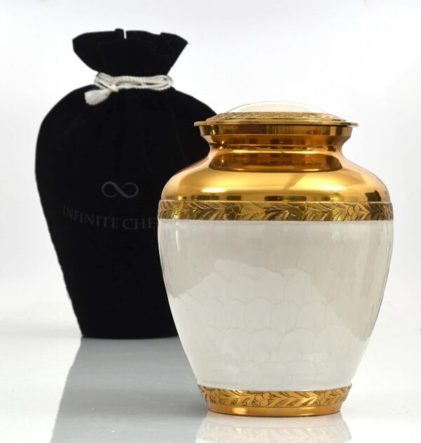 White and gold cremation urn for ashes, white body with a gold plating at the top, large, 200 cubic inch with a black velvet bag