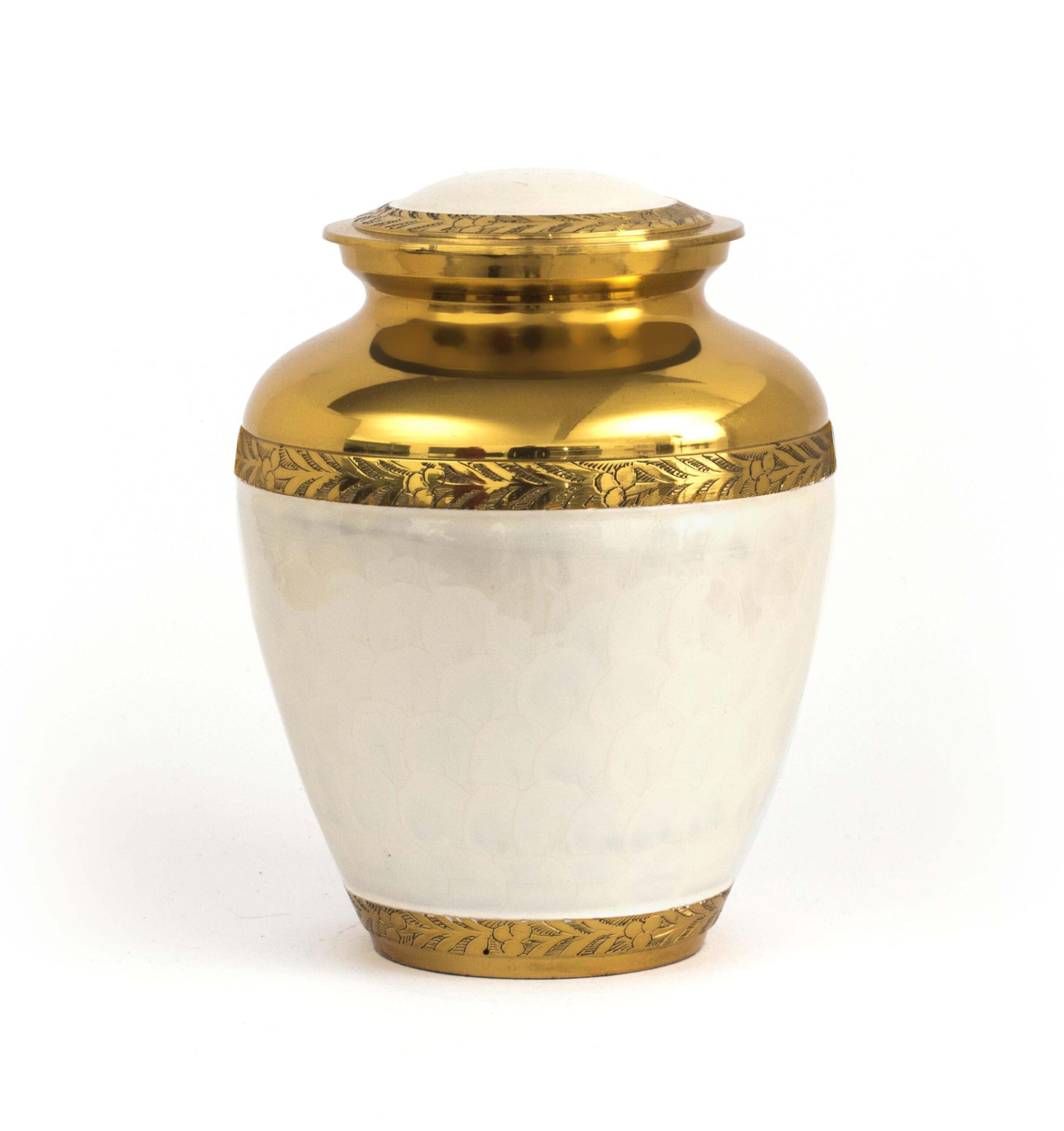 Modern Pearl White Cremation Urn - White with Bronze Accents