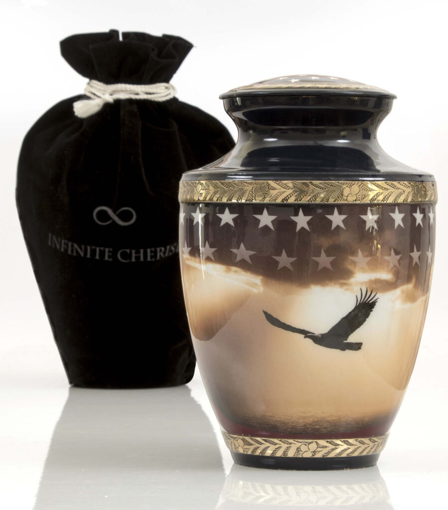 American style urn for ashes with a velvet urn bag