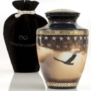 American style urn for ashes with a velvet urn bag