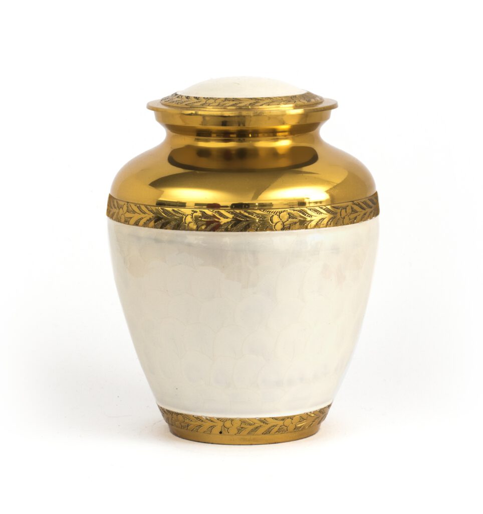 A white gold cremation urn - mothers pearl urn
