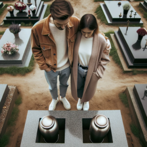 adult man and woman stand above cremation urn for ashes