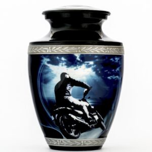 An urn for cremation metal black and silver motorcycle style