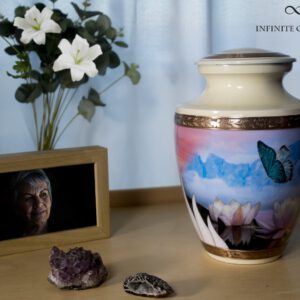 cremation urn for ashes large standard size yellow color urn with a blue butterfly