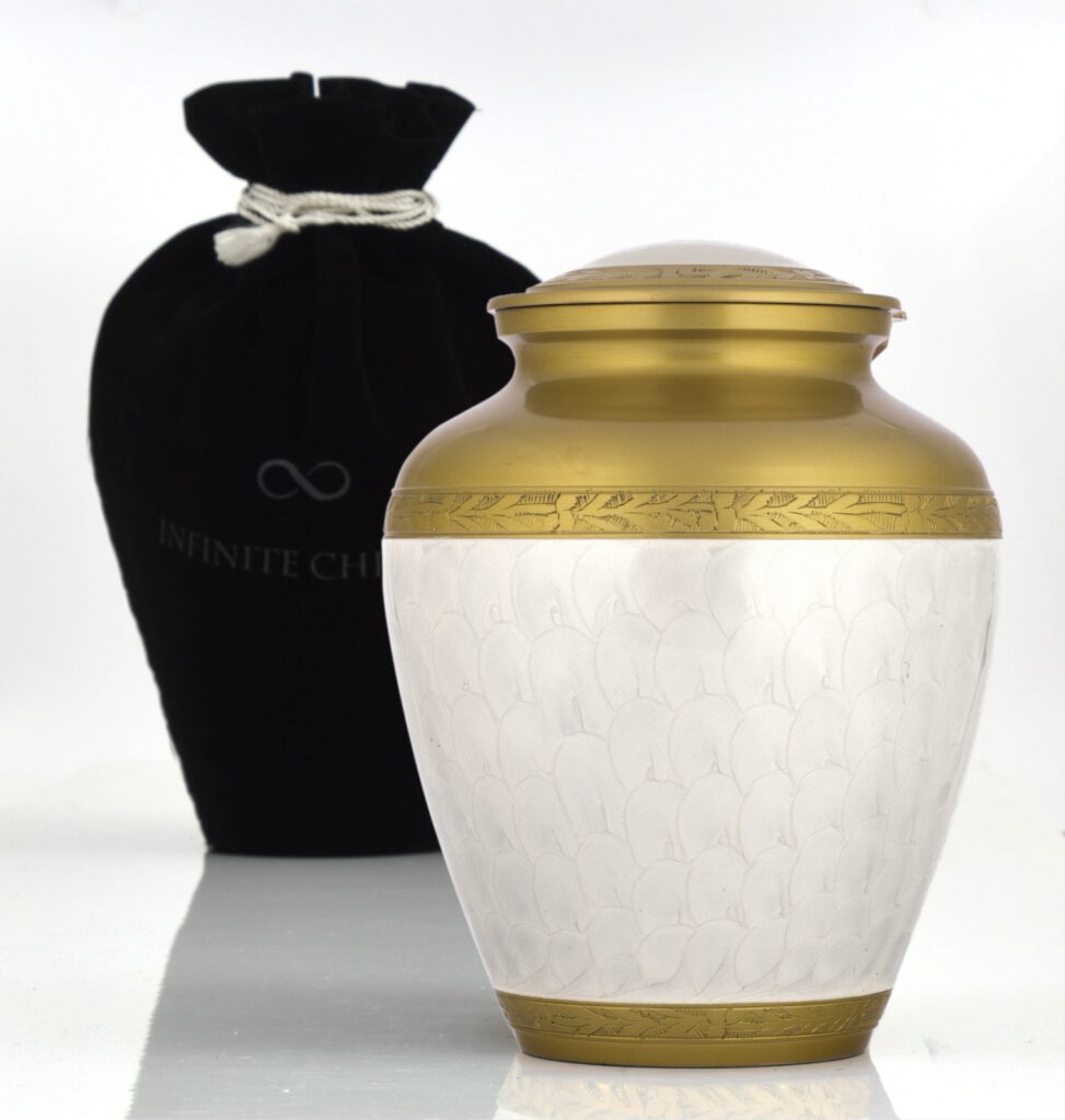 mother of pearl cremation urn with velvet bag