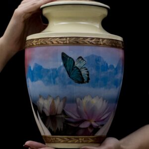 cremation urn for ashes large standard size yellow color urn with a blue butterfly