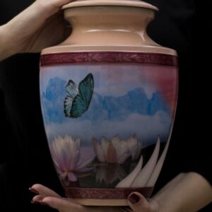 Large standard size pink butterfly Cremation urn for human ash with a pictu